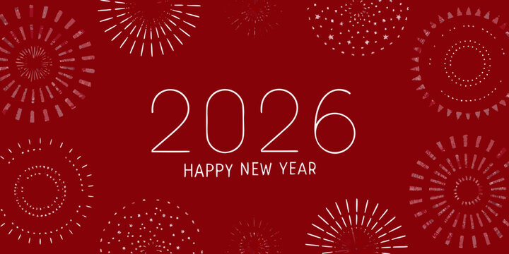 Happy new year 2026 with festive white fireworks on a deep red background