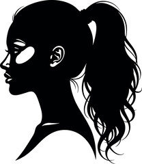 Side profile silhouette of woman with ponytail, black and white portrait ideal for fashion, beauty, design, branding, and illustration