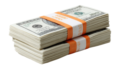 A stack and roll of US hundred dollar bills represent wealth and finance in business