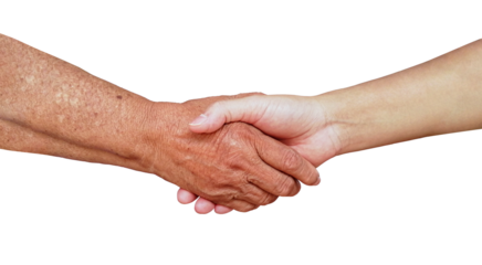 The old woman shaking hand with the young woman mother and daughter isolated on white background	