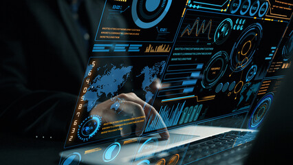 A professional working with advanced digital interfaces that showcase global data trends. The interactive dashboard represents modern data analysis techniques in a business setting. Cipher