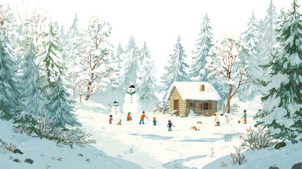 Fototapeta premium A small wooden house nestled in a snowy forest under a clear blue sky