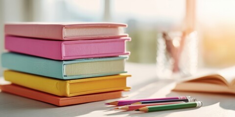 Fototapeta premium Stack of colorful notebooks and pencils on a bright desk in warm sunlight. The image conveys creativity, learning, and organization in a cheerful workspace.