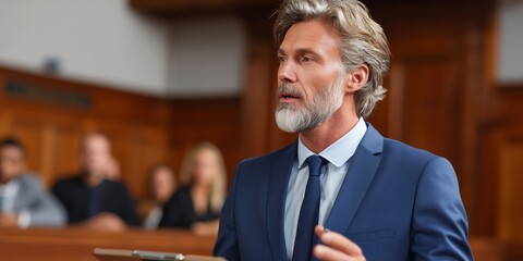 Confident male lawyer in a navy blue suit speaking in court during a trial. He has gray hair and a beard, and appears serious and persuasive. The courtroom background includes a wooden interior