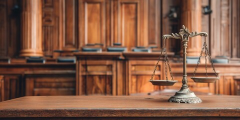 Classic courtroom interior with a wooden judge&rsquo;s bench and antique bronze balance scale in the foreground. The symbolic justice scale stands on a wooden desk, representing law, fairness