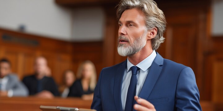 Confident male lawyer in a navy blue suit speaking in court during a trial. He has gray hair and a beard, and appears serious and persuasive. The courtroom background includes a wooden interior