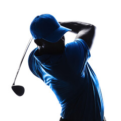 Male golfer silhouette png sport png swing png golf png athlete png blue cap png pose png game png club png outdoors png transparent background image