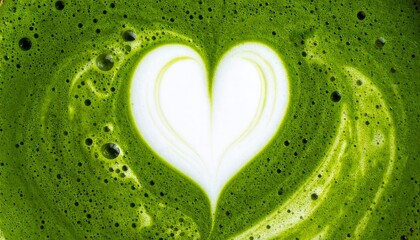 Macro full-frame of green matcha tea and creamy heart symbol with rich frothy microfoam background, smooth surface patterns, and creamy natural color details