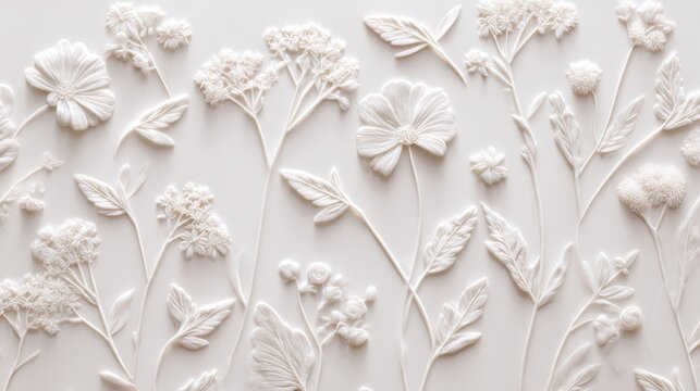embossed bas-relief ceramic tiles, minimal ornate botanical flowers