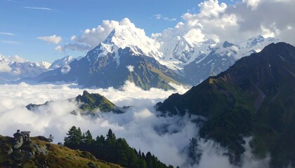 A breathtaking landscape unveils snow-capped peaks rising above a sea of clouds, with rolling hills in the foreground