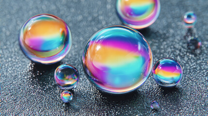 Mesmerizing macro closeup of colorful iridescent water droplets on wet surface. Abstract spheres of liquid reflecting vibrant rainbow of light creating beautiful background