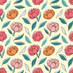 Cute hand drawn peony floral pattern yellow ground