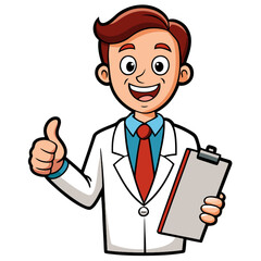 Friendly Cartoon Doctor Holding Clipboard and Giving Thumbs Up Vector Illustration