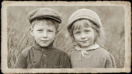 Vintage sepia portrait of young boy and girl sibling in old fashioned clothing. brother and sister have nostalgic innocent expression, looking directly at camera