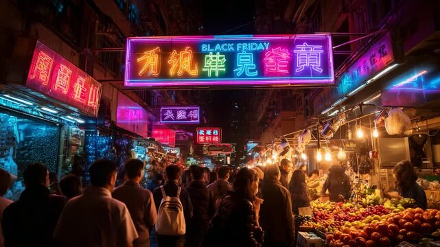 A Bustling Night Market Scene Under Neon Lights: The Energy of a Black Friday Celebration with Crowds, Stalls, and Vibrant Colors Captured in this Urban Environment