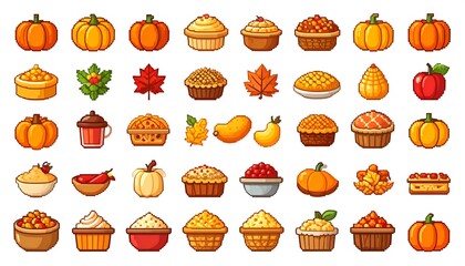 A collection of pixelated autumn illustrations featuring pumpkins, pies, cupcakes, fruits, leaves, and other fall-themed icons