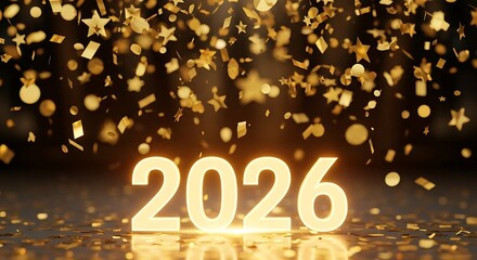 Glowing 2026 New Year Celebration with Golden Confetti Shower and Reflective Surface