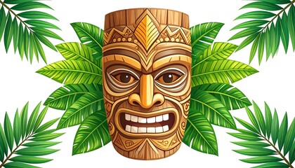 A carved wooden mask, with intricate details and a stern expression, is surrounded by lush green palm fronds, all against a bright white backdrop