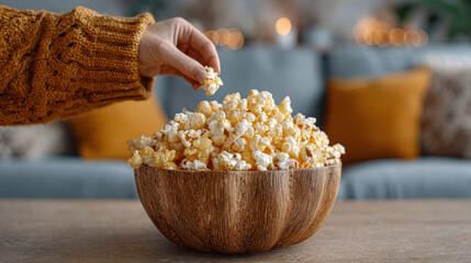 Person hand eating popcorn from wooden bowl on table. Cozy and relaxing snack time at home, enjoying movie night. warm, comfortable and enjoyable moment