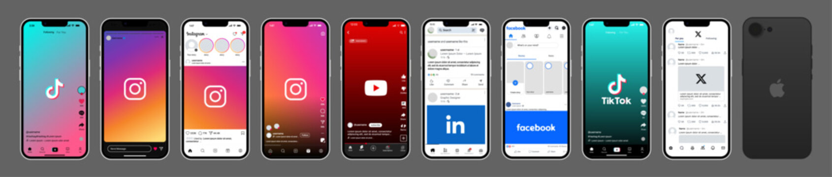 Instagram, YouTube, TikTok, Snapchat, LinkedIn, facebook, twitter UI mockup 2025. Instagram post, YouTube short, TikTok video frame, Snapchat camera roll and LinkedIn facebook, twitter post layout	
