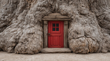 Mysterious whimsical red door in gnarled old tree trunk. tiny secret fantasy home entrance evoking magic and fairytale wonder, creating an enchanting and charming scene