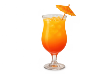 Tropical cocktail with orange and red layers, ice cubes, and a small decorative umbrella, transparent background