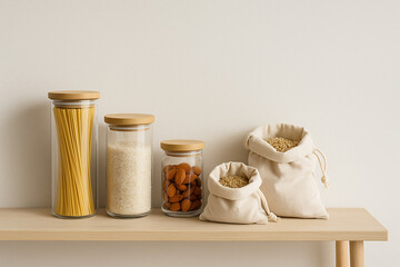 Glass jars and cotton bags filled with grains, pasta, and nuts on wooden shelf. Minimal zero waste kitchen organization.