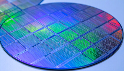 Fototapeta premium シリコンウェーハの表面に広がる半導体集積回路が描くテクノロジーの芸術