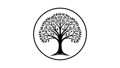 Black tree silhouette with dense foliage inside a circle on a white background