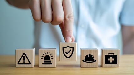 Person selects safety icon on wooden blocks