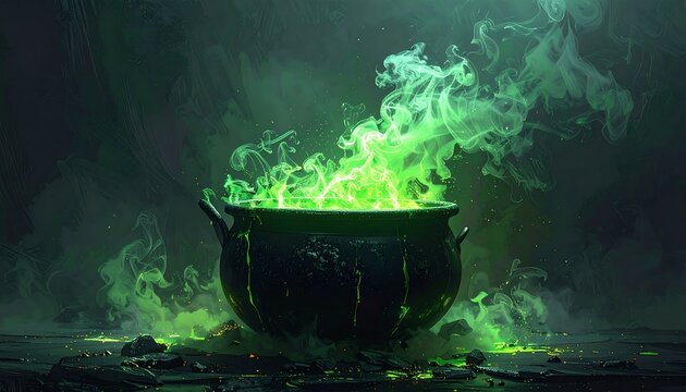 A cauldron bubbles with emerald green smoke, its dark silhouette contrasting against the swirling, vibrant haze - Powered by Adobe