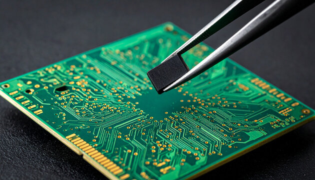 半導体基盤にピンセットでチップを精密に配置する緻密な電子作業の瞬間