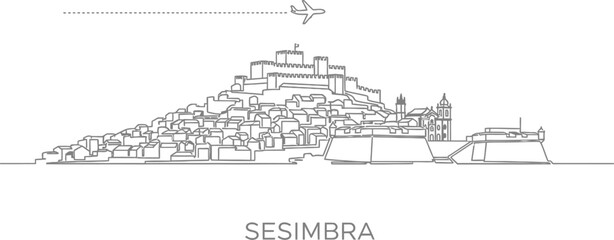 Fototapeta premium Sesimbra Portugal Skyline with Castle and Airplane Silhouette