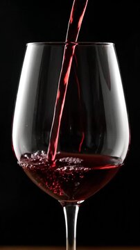 A clear wine glass with red liquid pouring into it against a dark background