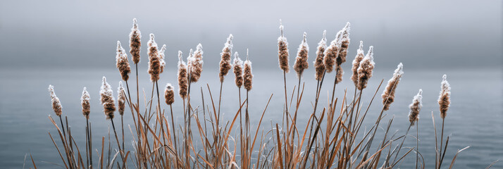 Calm and serene group of cattail reeds stand beside tranquil water of lake. soft, foggy nature background creates peaceful and melancholy mood
