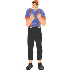 Cartoon Man Wearing Blue Striped T Shirt Orange Suspenders Black Pants and Orange Hat Standing with Hands Clasped Expressing Nervousness Against White Background Full Body Studio Shot