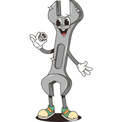 Cartoon Metallic Wrench Character Holding Nut and Bolt with Happy Expression and Shiny Sparkles on Transparent Background