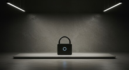 Modern black padlock with glowing center sits on platform under bright lights symbolizing digital security and access protection concept.