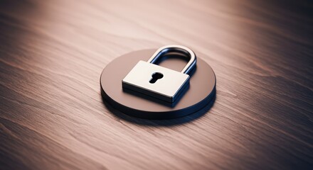 The shiny metallic padlock rests securely on a dark round surface above the beautiful textured wooden table in a brightly illuminated studio.