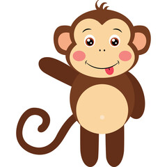 Cartoon monkey with brown fur beige belly and curly tail waving hand and sticking tongue out isolated on white background with pink cheeks and large eyes