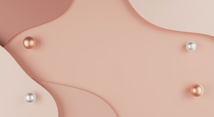 Gentle curves and metallic spheres create an elegant and soothing abstract background in soft peach, beige, and neutral colors for design elements.