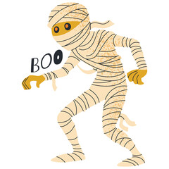 Cartoon Mummy Character Saying Boo With Orange Eyes And Yellow Gloves On A Transparent Background