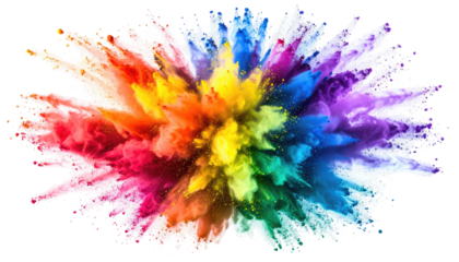 Vibrant explosion of powdered pigments in rainbow colors against a dark background forms a textured, abstract cloud