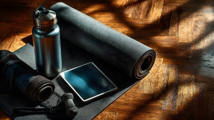 Fitness gear including water bottle, yoga mat and tablet on wooden floor in dramatic light, perfect for workout apps, health blogs