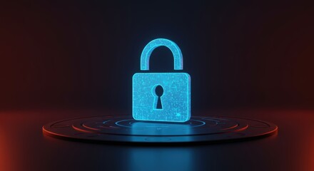 A glowing blue digital padlock hovers above a circular platform, symbolizing cybersecurity and the protection of sensitive information online.