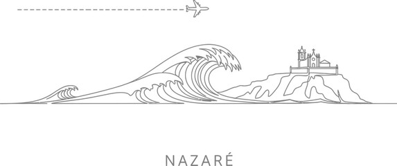 Nazar&eacute; Portugal Lighthouse and Big Waves Minimalist Line Art with Airplane
