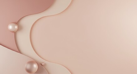 Abstract pastel beige background features smooth wavy layers and spheres creating a simple elegant design with soft light and shadows on blank s.