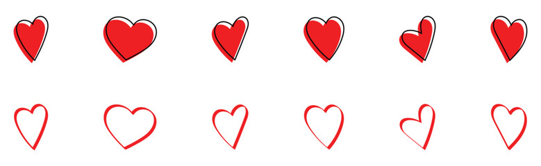 Red valentines-day heart shape hand drawn icons on white background. Isolated abstract collection of love icons on white page. EPS 10. 