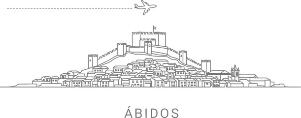 Obraz premium Abstract Outline of Obidos Village and Castle with Airplane Travel Icon