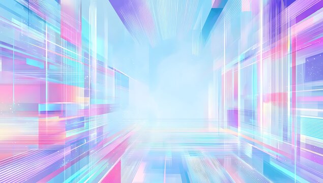 Abstract futuristic tunnel with neon lights and glowing geometric shapes in vibrant colors